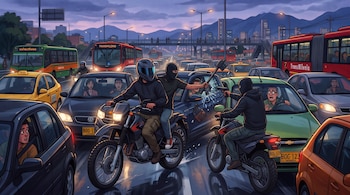 Hombres con pasamontañas y armas sobre motocicletas junto a un automóvil con la ventanilla rota, rodeados de coches y autobuses en el tráfico.