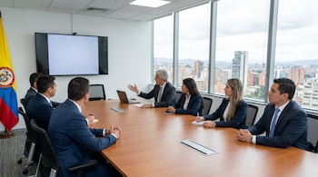 Reunión de siete empresarios colombianos en una sala moderna. Un hombre gesticula, mientras los demás escuchan, con una bandera de Colombia y vista a la ciudad.