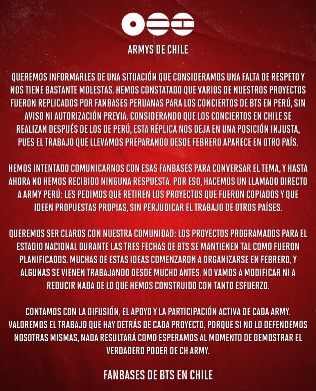 Un comunicado de seguidores de BTS en Chile reclama a grupos de Perú la copia de sus proyectos preparados para los conciertos de la agrupación de K-pop.
