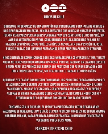 Placa con fondo rojo y texto en blanco titulado Armys de Chile, con un mensaje dividido en cuatro párrafos sobre fondo de textura roja