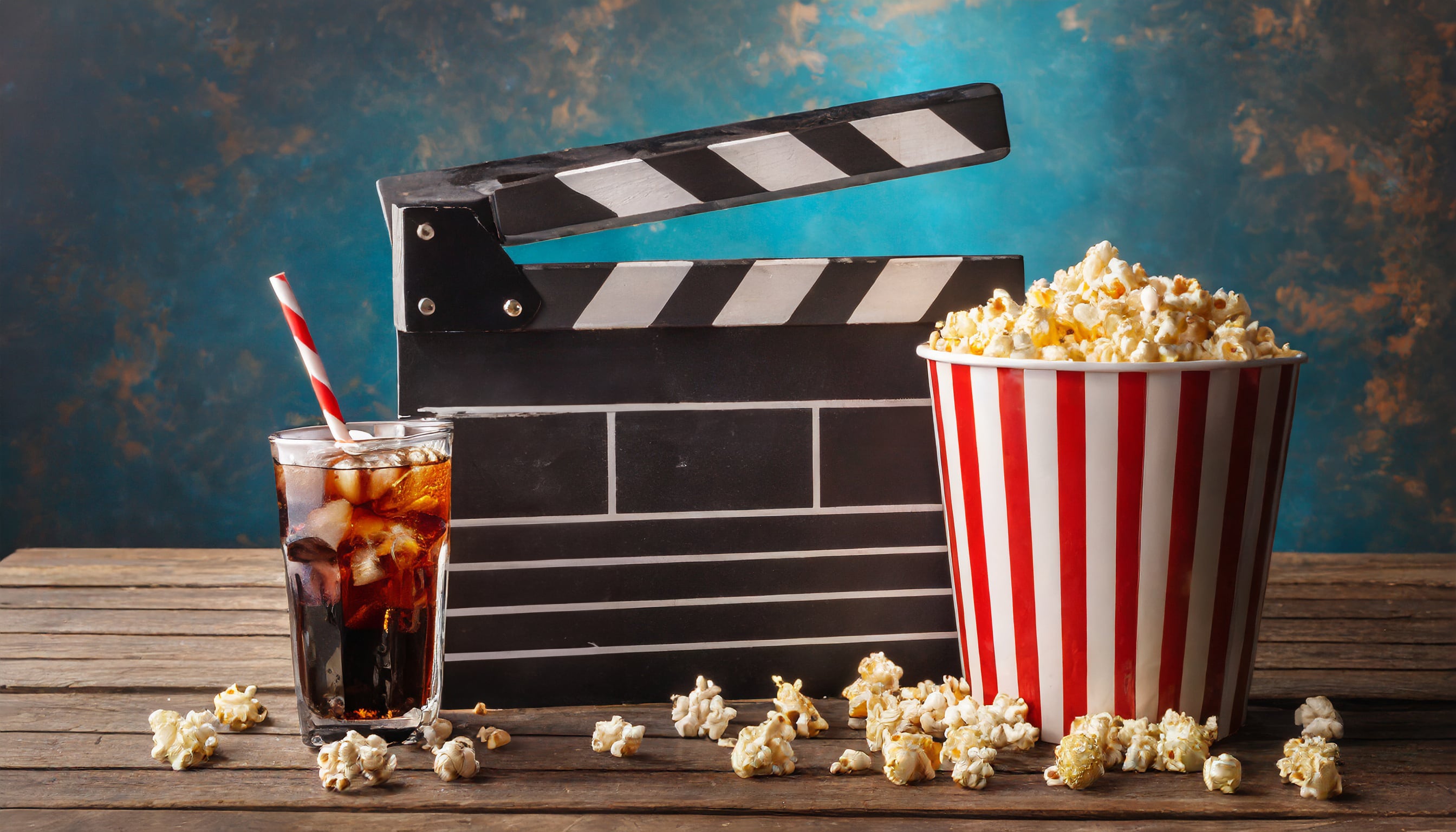 Delicias audiovisuales: una claqueta de cine junto a un refresco frío y pochoclos, conforman la fórmula perfecta para disfrutar de una maratón de películas y series. Experimenta el entretenimiento sin fronteras con streaming, popcorn y film, creando momentos cinematográficos inolvidables. (Imagen Ilustrativa Infobae)