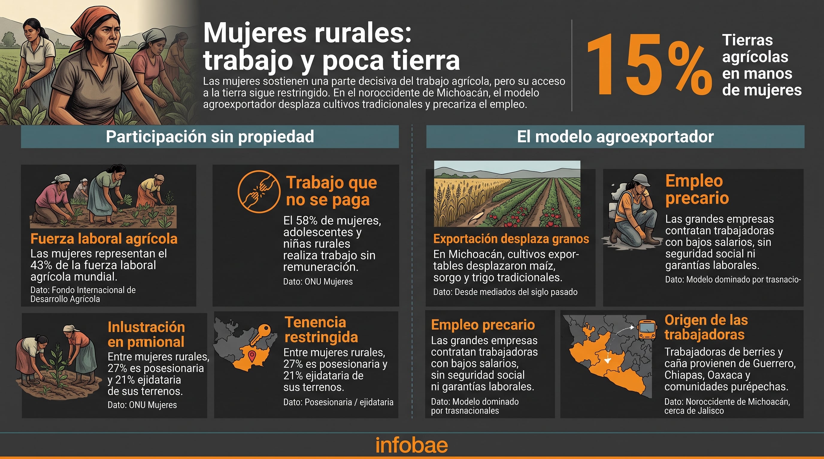 Un informe gráfico con datos de FIDA y ONU Mujeres señala que las mujeres poseen el 15% de las tierras agrícolas en Michoacán y el mundo. (Imagen Ilustrativa Infobae)