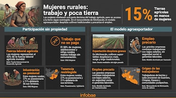 Infografía con ilustraciones de agricultoras, mapas de Michoacán, porcentajes, cuadros de texto sobre empleo rural y el logotipo de Infobae.