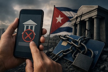 Manos sostienen un teléfono celular con una pantalla de error junto a una tarjeta bancaria encadenada y la bandera de Cuba.