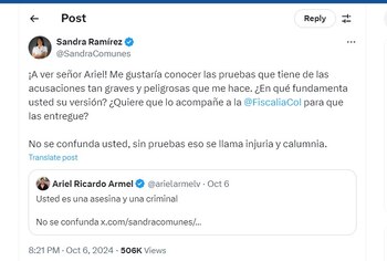 Frente a la publicación que hizo el empresario Ariel Ricardo Armel en la cual estaba reaccionando a un post de Ramírez en el que cuestionaba las críticas al evento en el que participó el exjefe paramilitar Salvatore Mancuso, la senadora le pidió que presentara pruebas de que ella era una “asesina y una criminal” - crédito @SandraComunes