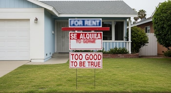 Casa residencial con garaje y césped. En el jardín, carteles de alquiler: 'For Rent', 'Se Alquila', y 'Too Good To Be True'.