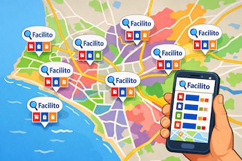 Ilustración de un mapa de Lima con múltiples pines de Facilito mostrando precios de gasolina, diésel, GLP y GNV. Una mano sostiene un smartphone con la app Facilito.