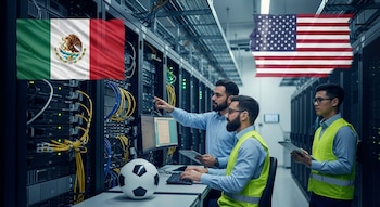 Tres ingenieros observan y trabajan en un centro de datos lleno de servidores. Banderas de México y Estados Unidos, junto a un balón de fútbol, son visibles.