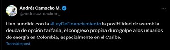 Ministro de Minas y Energía advierte sobre el “golpe significativo” del rechazo de la reforma - crédito @andrescamachom_/X