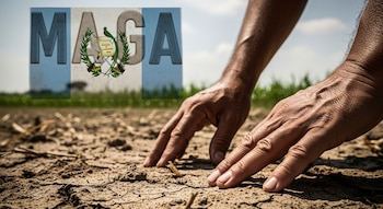 Primer plano de manos de una persona tocando tierra seca y agrietada. En el fondo, se ve el logotipo del MAGA (Ministerio de Agricultura, Ganadería y Alimentación de Guatemala) con un cielo azul.