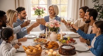 Familia sentada en mesa festiva con pavo, ensalada, frutas, pastel, pan y flores. Brindan con copas de vino y entregan un regalo a la madre.