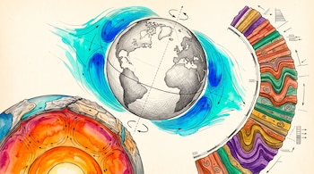 Ilustración de la Tierra con corrientes de aire azules, un corte del manto interno en tonos cálidos y una franja lateral con estratos y fósiles