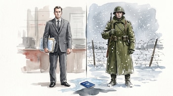 Dibujo dividido en dos mitades con un hombre de traje a la izquierda, un soldado en la nieve a la derecha y un pasaporte azul en el suelo.