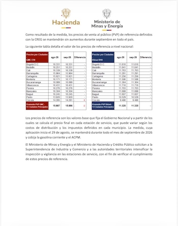 En Bogotá, el precio de referencia de la gasolina será de $16.331 por galón; en Medellín, $16.251, y en Cali, $16.339 - crédito @MinEnergiaCo/X
