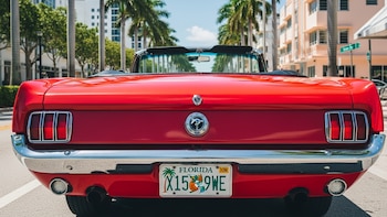 Un Clásico Mustang Rojo Revela su Patente de Florida en un Día Soleado - VisualesIA ScribNews