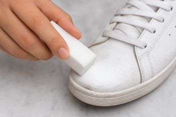 Una mano sostiene una goma de borrar blanca y la presiona sobre la parte delantera de una zapatilla de cuero blanco con cordones.