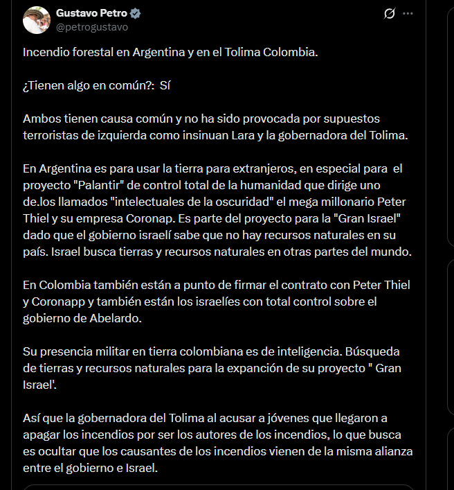Gustavo Petro rechazó esa hipótesis y vinculó los incendios a intereses extranjeros, sin presentar pruebas - crédito @petrogustavo/X