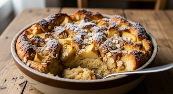 Un budín de pan horneado con trozos de manzana, hojuelas de avena y azúcar glas en un cuenco marrón con una cuchara, sobre una mesa de madera.