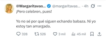 Margarita reaccionó en redes sociales con un contundente mensaje tras el triunfo de Abelardo para la presidencia de Colombia - crédito @margaritavasola / X