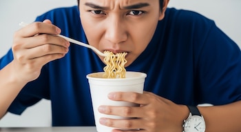 Primer plano de un hombre comiendo fideos instantáneos con un tenedor de plástico de un vaso blanco desechable. Lleva una camiseta azul y un reloj.