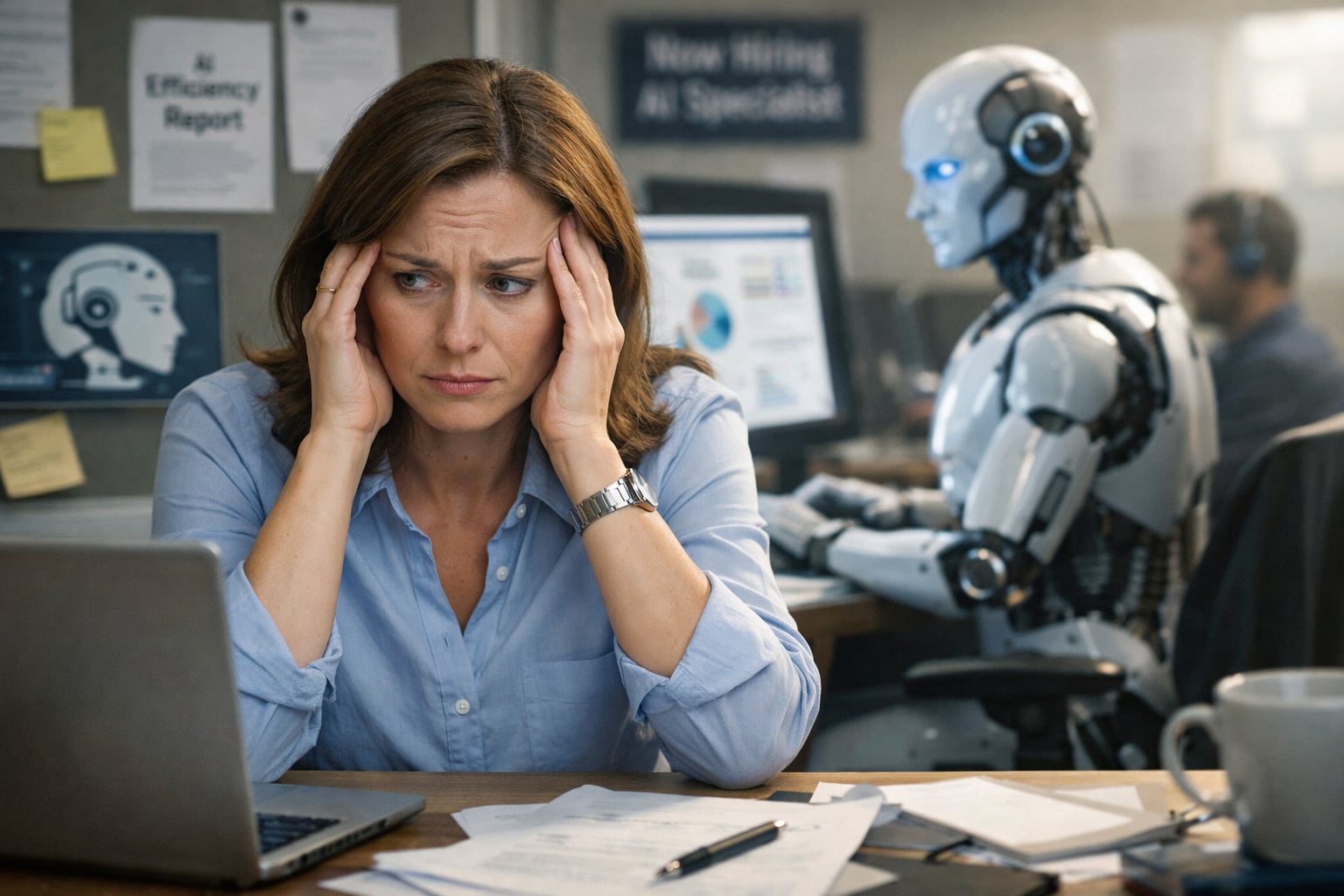 Una mujer en su oficina muestra una expresión de profunda preocupación mientras observa a un robot de inteligencia artificial trabajando en un escritorio cercano, sugiriendo el temor a ser reemplazada por la automatización (Imagen Ilustrativa Infobae)