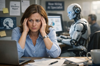 Mujer caucásica con camisa azul, preocupada, en una oficina con portátil; un robot blanco con ojos azules trabaja en un escritorio detrás de ella.