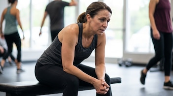 Primer plano de una mujer de mediana edad sentada en un banco de gimnasio, con expresión de agotamiento y sudor en la frente, mientras otras personas se mueven al fondo.