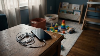 Un teléfono inteligente con auriculares blancos sobre una mesa de madera frente a una zona de juegos infantiles desenfocada.