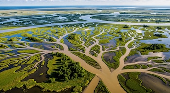 Vista aérea de una vasta red de deltas fluviales donde múltiples canales de agua marrones y azules serpentean entre densa vegetación verde.
