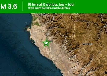 Mapa satelital de la costa peruana mostrando un sismo de magnitud 3.6 con epicentro marcado por una estrella verde al sur de Ica, con fecha 20 de mayo de 2026