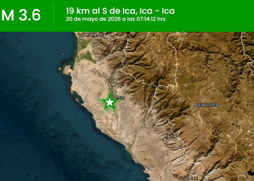 El Instituto Geofísico del Perú (IGP) reportó un sismo de magnitud 3.6 con epicentro 19 km al sur de Ica, Perú, ocurrido el 20 de mayo de 2026 a las 07:14:12 hrs. (IGP)