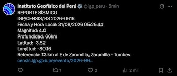 Sismo de magnitud 4.0 se registró cerca de Zarumilla, Tumbes. Captura: IGP.