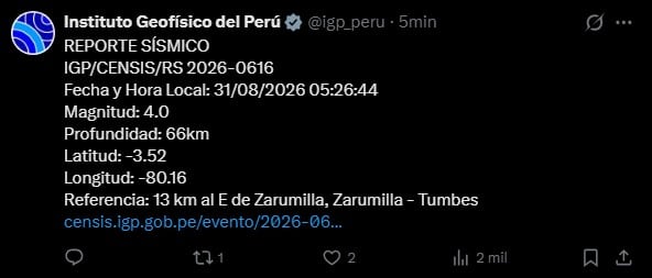 Sismo de magnitud 4.0 se registró cerca de Zarumilla, Tumbes. Captura: IGP.