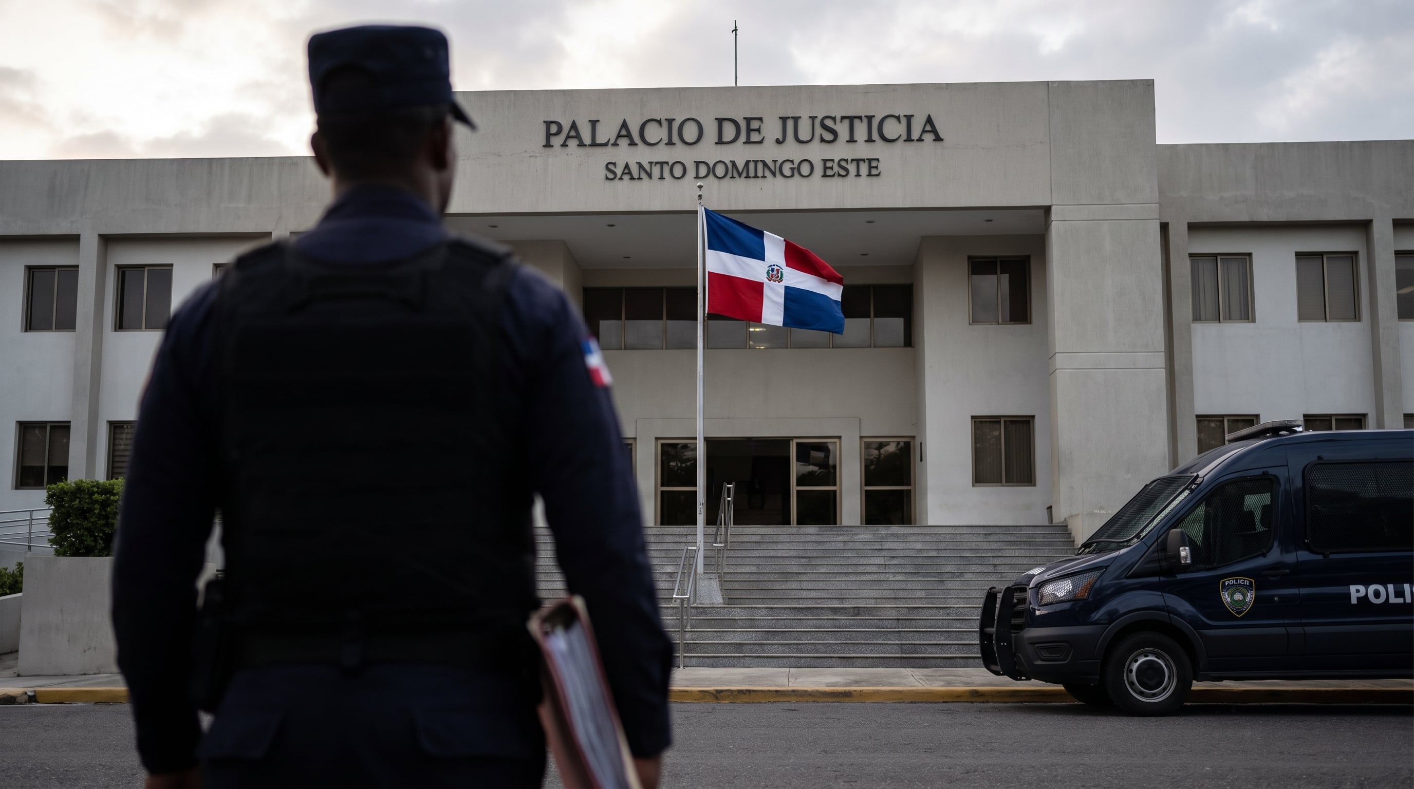 Un agente policial custodia el acceso al Palacio de Justicia de Santo Domingo Este durante las primeras horas de la mañana. (Imagen Ilustrativa Infobae)