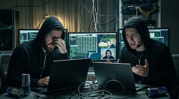 Dos hombres con sudaderas oscuras frente a laptops y monitores en una habitación oscura. Uno se frota los ojos, el otro gesticula y está en videollamada.
