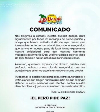 Comunicado de La Única Tropical.
