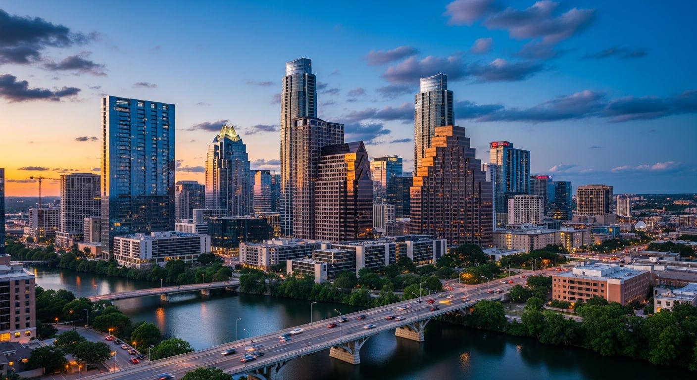 El vibrante horizonte de Austin, Texas, se ilumina al atardecer, mostrando la arquitectura moderna de la ciudad y el sereno río Colorado que la atraviesa con puentes concurridos. (Imagen Ilustrativa Infobae)