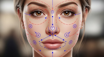 Primer plano de un rostro de mujer con líneas rojas discontinuas, flechas azules, y símbolos de más y cruces que indican puntos para procedimientos cosméticos.
