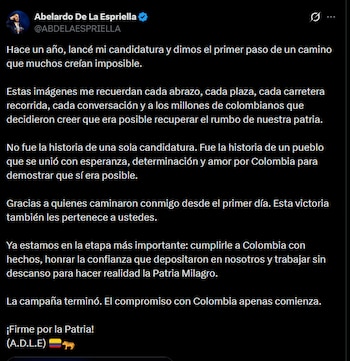 El presidente electo presentó su campaña como un movimiento ciudadano que, según su mensaje, unió a un pueblo en torno a una idea de cambio para Colombia - crédito @ABDELAESPRIELLA/X