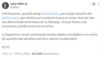 Milei felicitó a Netanyahu en X