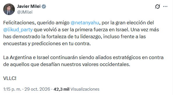 Milei felicitó a Netanyahu en X