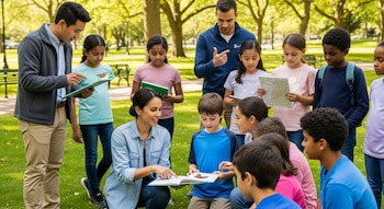 Tres maestros y varios estudiantes, de diversas etnias, participan en una actividad educativa al aire libre sobre césped verde, con árboles y bancos de parque al fondo.