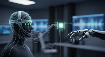 Persona con casco de monitoreo cerebral conectada a microchip manipulado por mano robótica, ilustrando interfaces neuronales