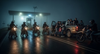 Noche neblinosa y lluviosa en carretera. Seis hombres en motocicletas rodean una camioneta con una llanta pinchada. Una familia es obligada a bajar del vehículo.