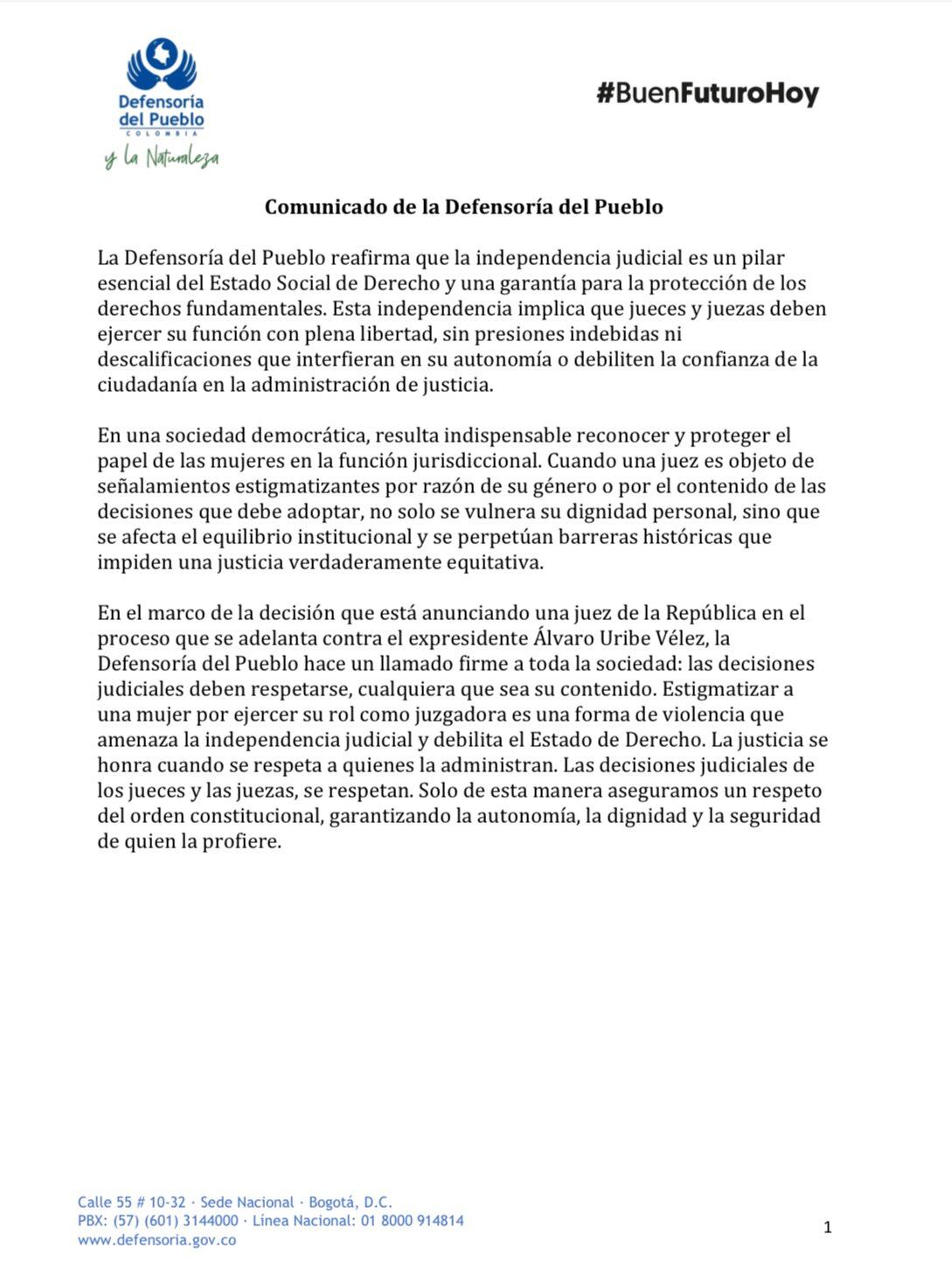 Defensoría del Pueblo pidió respeto por las decisiones judiciales - crédito @DefensoriaCol
