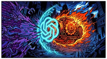 Ilustración del logotipo de OpenAI formando un escudo entre brazos mecánicos con código morado y una estructura envuelta en fuego.