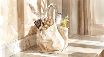 Ilustración en acuarela de una bolsa de tela color crema llena de comestibles: una barra de chocolate, huevos, papas, una botella de leche y una de aceite.