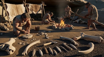 Recreación de un campamento neandertal con cuatro figuras humanas trabajando, una fogata central, huesos de animales y herramientas líticas en el suelo.