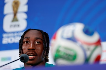 Yan Diomande de Costa de Marfil en una rueda de prensa en Dallas (EE.UU.) durante el Mundial 2026. EFE/ Mariscal