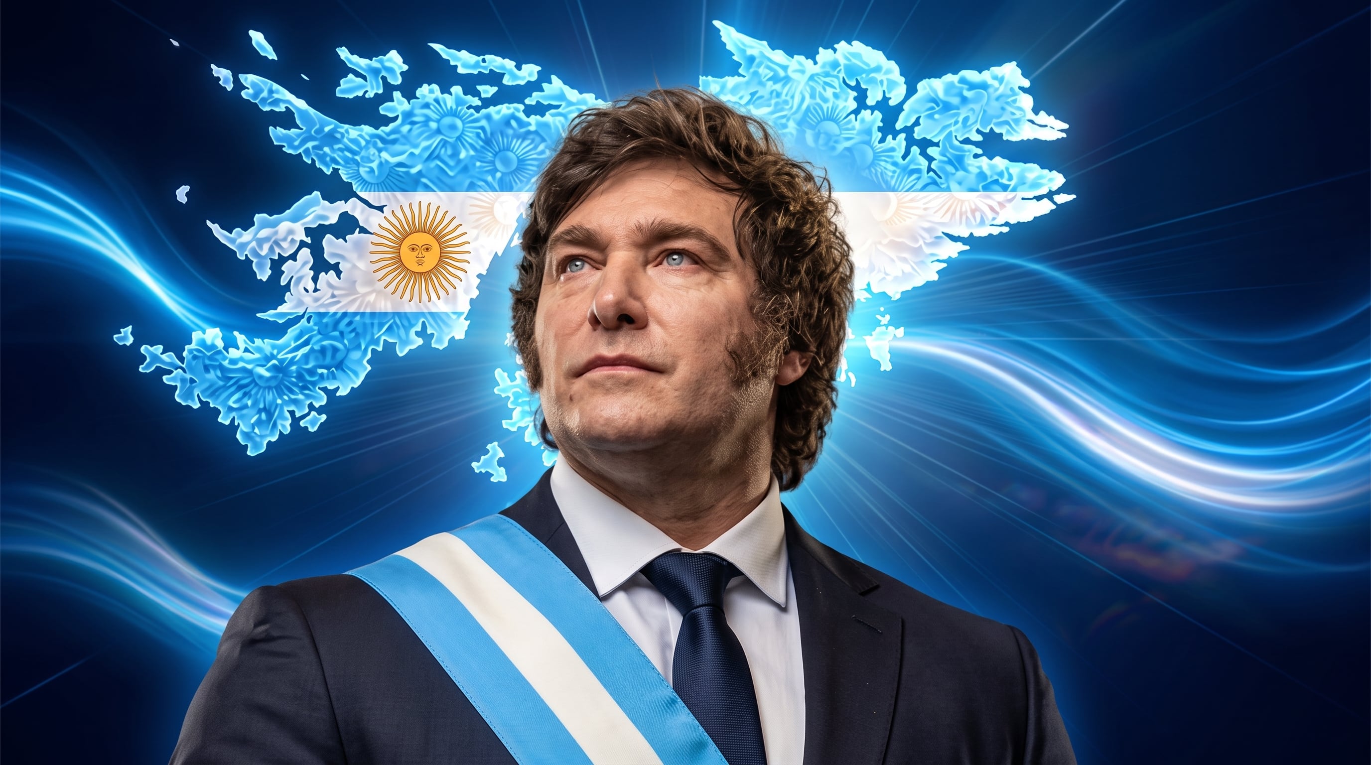 El presidente de Argentina, Javier Milei, viste la banda presidencial delante de una ilustración de las Islas Malvinas con los colores de la bandera nacional. (Imagen Ilustrativa Infobae)